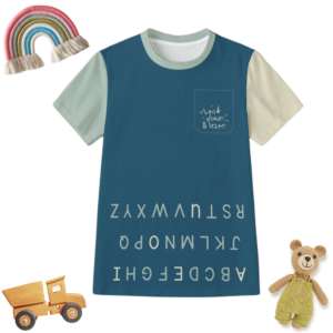 ABC Shirt: Educational Alphabet Shirt Navy Colorblock, 100% Cotton for Upside Down Learning (Upperca