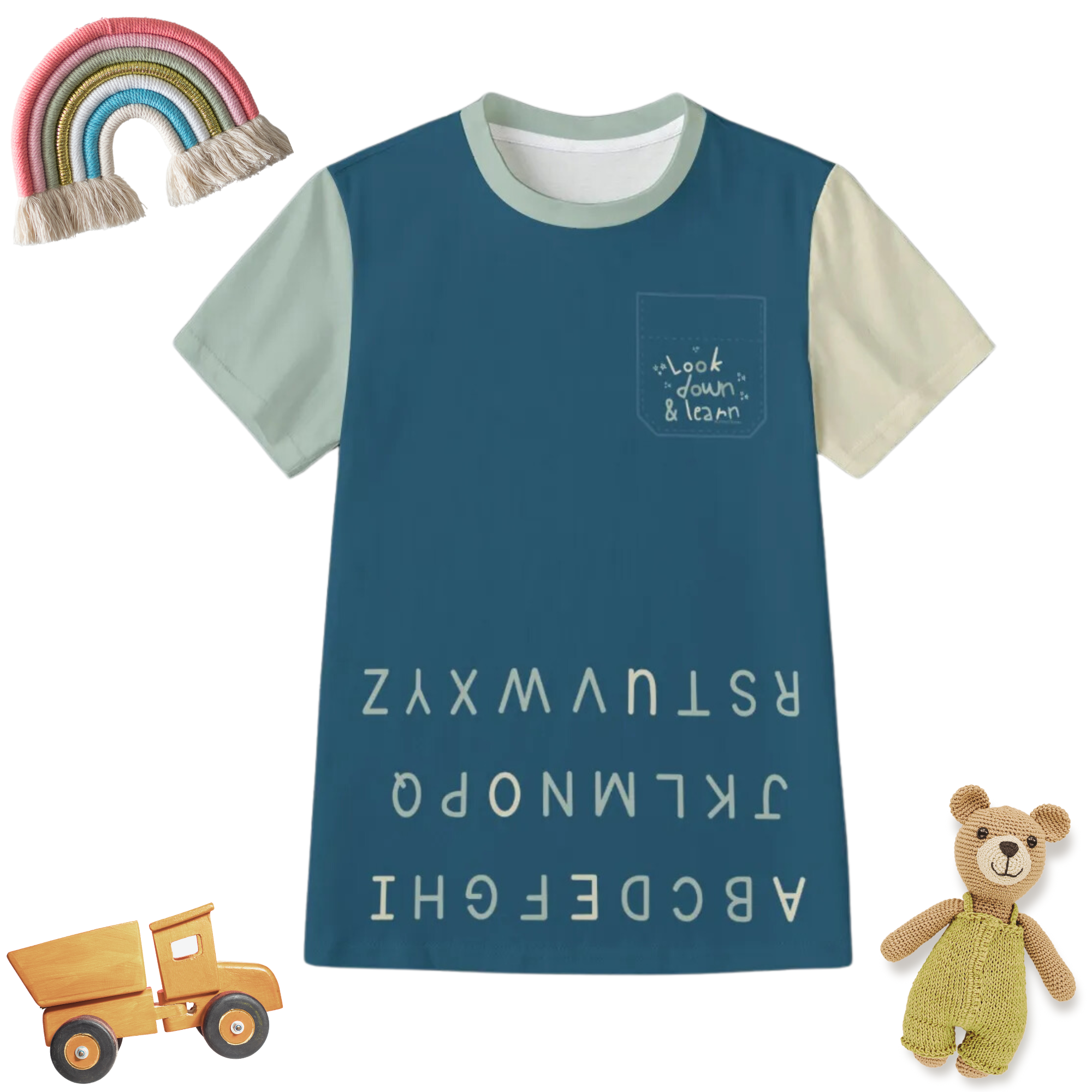 ABC Shirt: Educational Alphabet Shirt Navy Colorblock, 100% Cotton for Upside Down Learning (Upperca