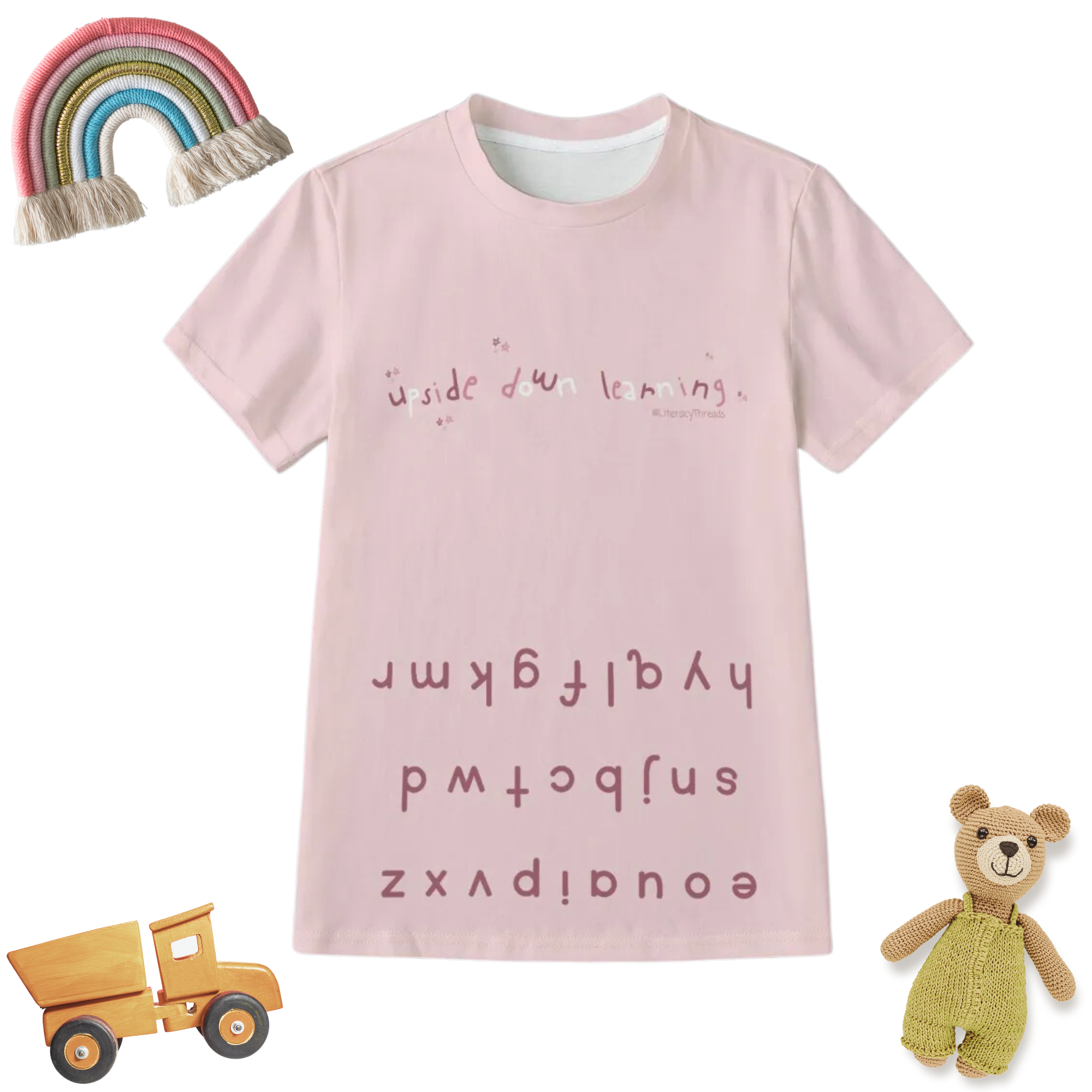 Abc Shirt: Educational Alphabet Shirt Pink, 100% Cotton for Upside Down Learning (Lowercase Letters out of order)